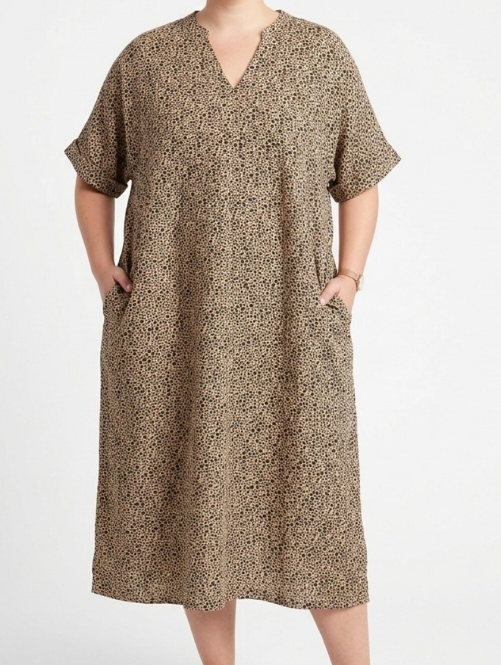 Linen Blend Leopard Print Midi Dress, Kaftan Size 3X